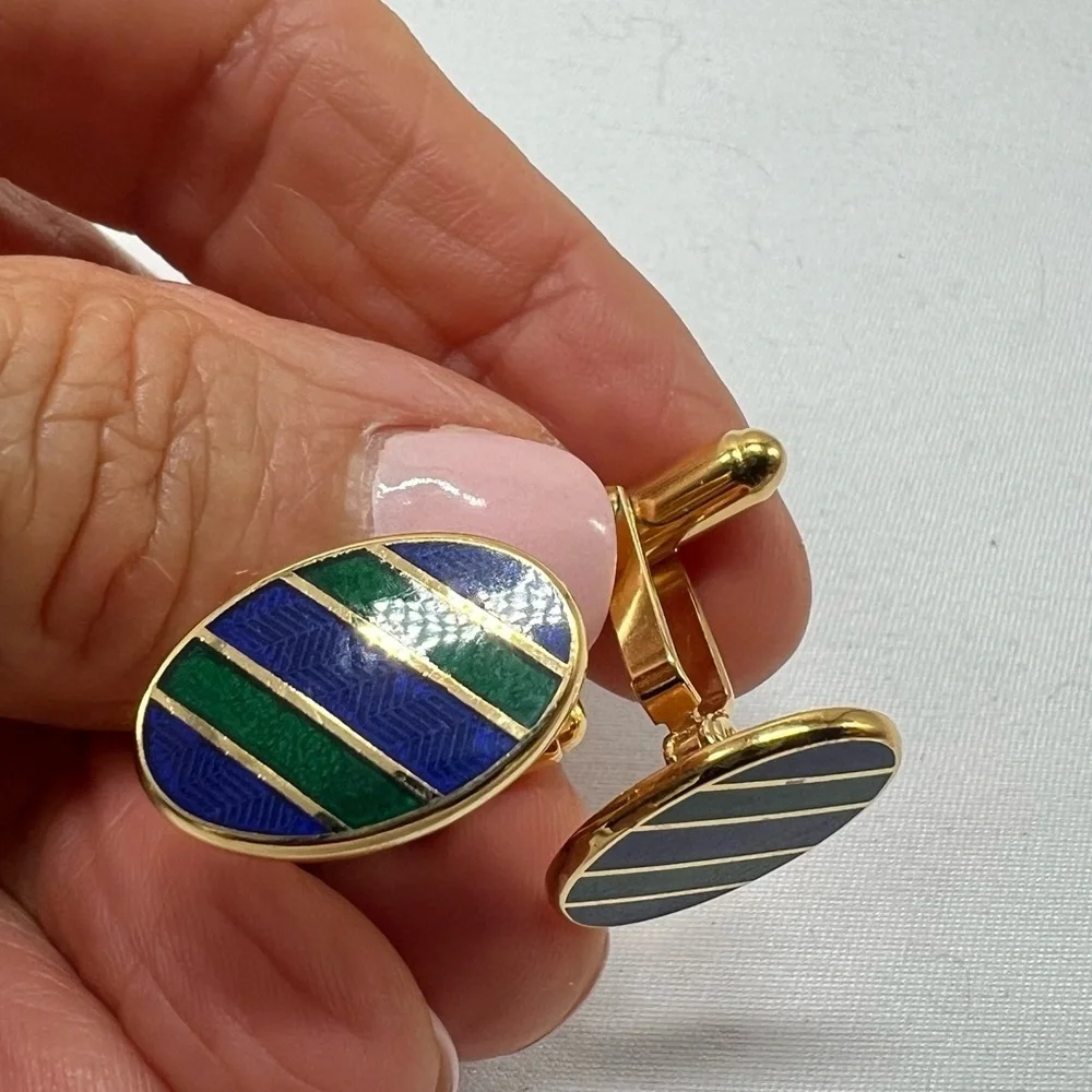 Vintage Shields Gold Tone Navy Blue green Enamel Diagonal Stripe Cufflinks